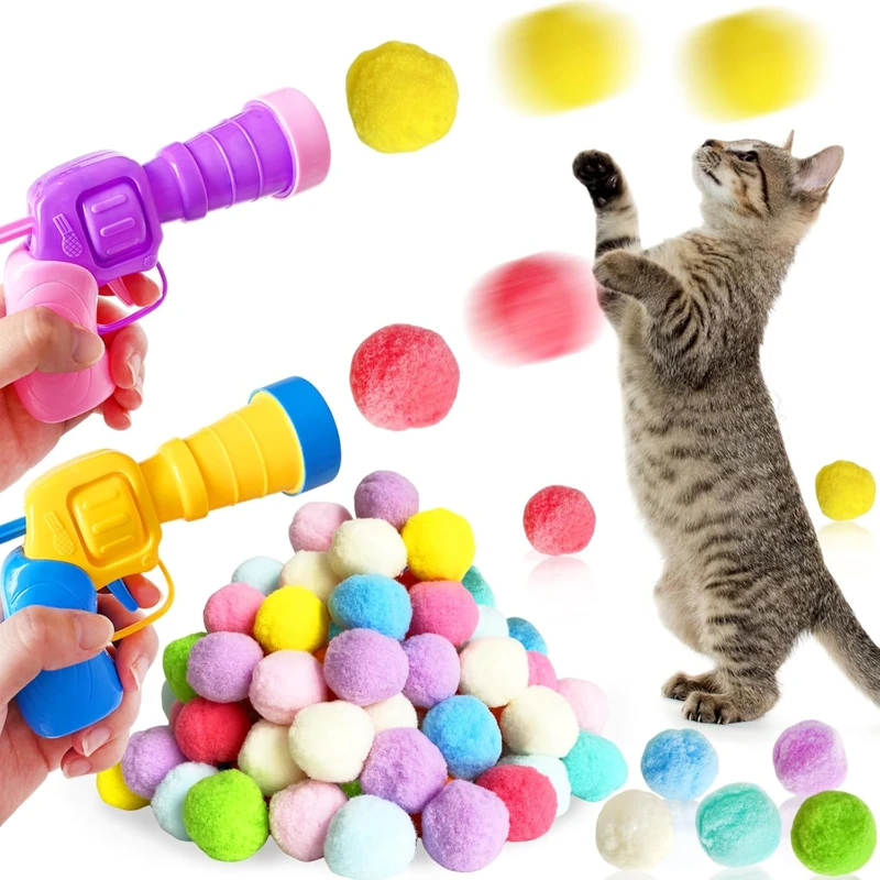 Interactive Launch Training Cat Toy Set with Launcher and 20 or 50 Puffballs, Suitable for Indoor Cats, Sports Cat Toy for Play