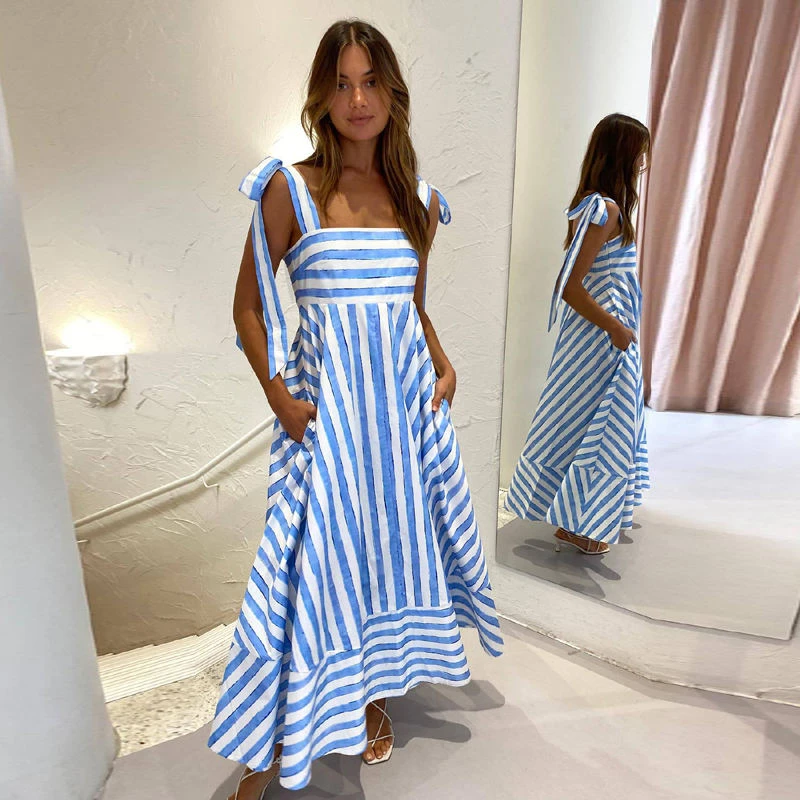 Elegant Blue Stripes Flared Maxi Dress for Women with Stylish Neckline Comfortable Fabric Casual Party Wear Design Look — view 1