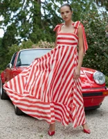 Elegant Blue Stripes Flared Maxi Dress for Women with Stylish Neckline Comfortable Fabric Casual Party Wear Design Look — view 3