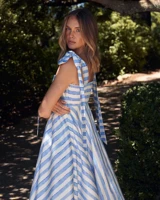 Elegant Blue Stripes Flared Maxi Dress for Women with Stylish Neckline Comfortable Fabric Casual Party Wear Design Look — view 5