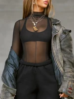 Khaki Sheer High Fitted Top Lightweight Long Sleeve Transparent Mesh Style for Layering Party Evening Outfits Women — view 5
