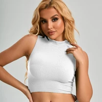 Navy Mock Neck Fitted Crop Top Stylish Stretch Slim Fit Sleeveless Ribbed Knit Top for Casual Party Wear Women — view 2