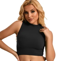 Navy Mock Neck Fitted Crop Top Stylish Stretch Slim Fit Sleeveless Ribbed Knit Top for Casual Party Wear Women — view 3
