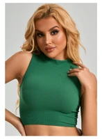 Navy Mock Neck Fitted Crop Top Stylish Stretch Slim Fit Sleeveless Ribbed Knit Top for Casual Party Wear Women — view 4