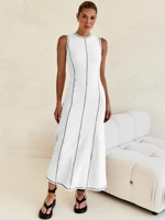 Elegant Fuchsia Line Midi Dress for Women Featuring Sleek Vertical Panels Lightweight Fabric Slimming Fit Comfortable Silhouette Summer Casual Wear — view 2