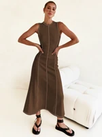 Elegant Fuchsia Line Midi Dress for Women Featuring Sleek Vertical Panels Lightweight Fabric Slimming Fit Comfortable Silhouette Summer Casual Wear — view 3