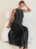 Elegant Fuchsia Line Midi Dress for Women Featuring Sleek Vertical Panels Lightweight Fabric Slimming Fit Comfortable Silhouette Summer Casual Wear — view 4