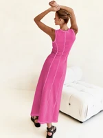 Elegant Fuchsia Line Midi Dress for Women Featuring Sleek Vertical Panels Lightweight Fabric Slimming Fit Comfortable Silhouette Summer Casual Wear — view 5