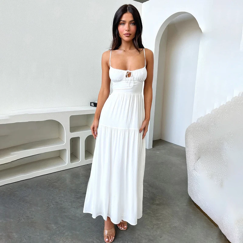 Chic White Tiered Line Dress for Women Soft Flowy Fabric Multi Layered Skirt Elegant Design Comfortable Fit Perfect Summer Brunch Events Casual Wear — view 1