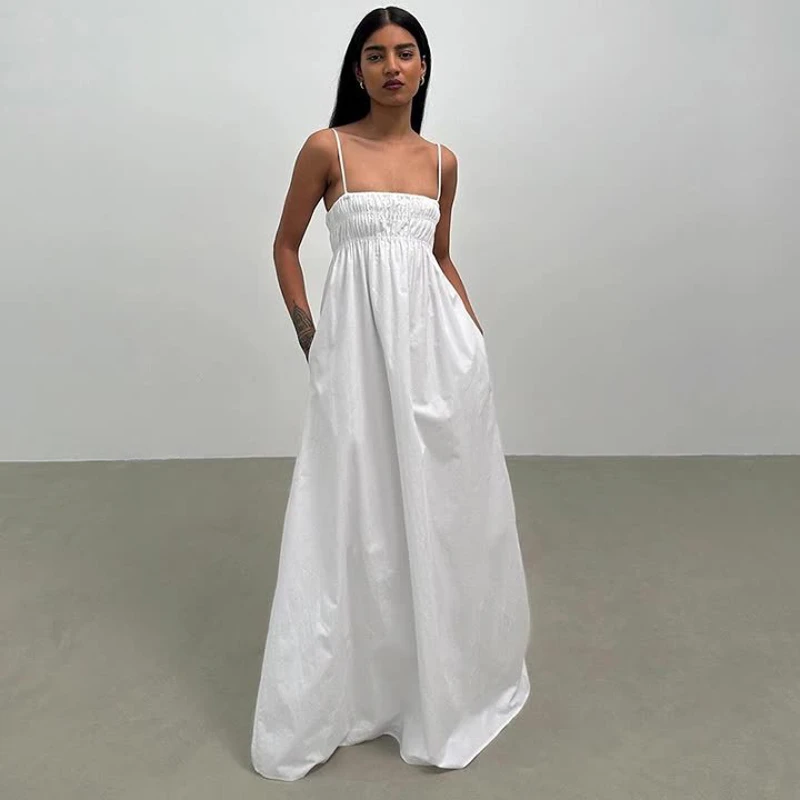 Elegant Solid Shirred Maxi Dress for Women Sleeveless Flowy Long Silhouette Comfortable Fabric Casual Party Wear Summer Evening Occasion — view 1