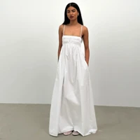 Elegant Solid Shirred Maxi Dress for Women Sleeveless Flowy Long Silhouette Comfortable Fabric Casual Party Wear Summer Evening Occasion — view 3
