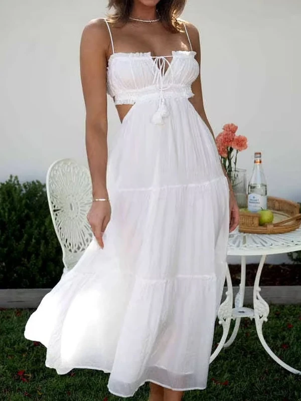 Elegant White Spaghetti Strap Tiered Dress for Women with Flowy Layered Skirt Lightweight Fabric Sleeveless Design Ideal for Casual Summer Beach — view 1