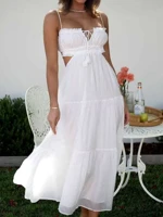 Elegant White Spaghetti Strap Tiered Dress for Women with Flowy Layered Skirt Lightweight Fabric Sleeveless Design Ideal for Casual Summer Beach — view 1