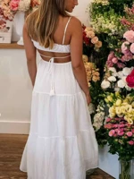 Elegant White Spaghetti Strap Tiered Dress for Women with Flowy Layered Skirt Lightweight Fabric Sleeveless Design Ideal for Casual Summer Beach — view 2
