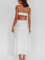 Elegant White Spaghetti Strap Tiered Dress for Women with Flowy Layered Skirt Lightweight Fabric Sleeveless Design Ideal for Casual Summer Beach — view 3