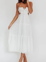 Elegant White Spaghetti Strap Tiered Dress for Women with Flowy Layered Skirt Lightweight Fabric Sleeveless Design Ideal for Casual Summer Beach — view 4