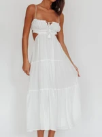 Elegant White Spaghetti Strap Tiered Dress for Women with Flowy Layered Skirt Lightweight Fabric Sleeveless Design Ideal for Casual Summer Beach — view 5