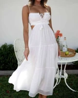 Elegant White Spaghetti Strap Tiered Dress for Women with Flowy Layered Skirt Lightweight Fabric Sleeveless Design Ideal for Casual Summer Beach — view 6