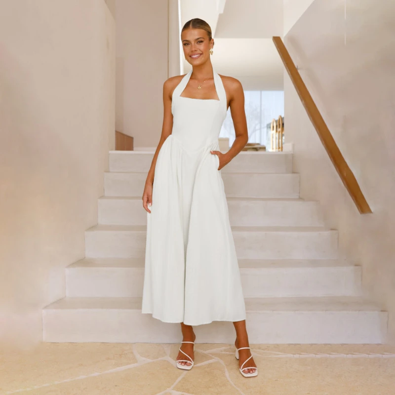 Elegant White Halter Neck A-Line Maxi Dress for Women Sleeveless Flowy Design Soft Lightweight Fabric Graceful Silhouette Perfect Summer Occasions — view 1