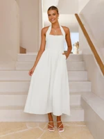 Elegant White Halter Neck A-Line Maxi Dress for Women Sleeveless Flowy Design Soft Lightweight Fabric Graceful Silhouette Perfect Summer Occasions — view 5