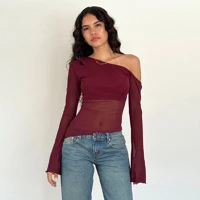 Burgundy Asymmetric Neck Lettuce Hem Top Women Slim Fit Soft Stretch Fabric Casual Party Wear Long Sleeve Blouse — view 1