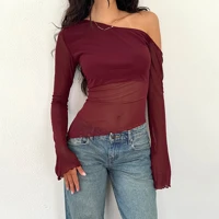 Burgundy Asymmetric Neck Lettuce Hem Top Women Slim Fit Soft Stretch Fabric Casual Party Wear Long Sleeve Blouse — view 2