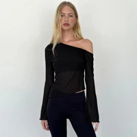 Burgundy Asymmetric Neck Lettuce Hem Top Women Slim Fit Soft Stretch Fabric Casual Party Wear Long Sleeve Blouse — view 3
