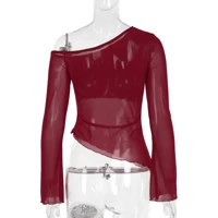 Burgundy Asymmetric Neck Lettuce Hem Top Women Slim Fit Soft Stretch Fabric Casual Party Wear Long Sleeve Blouse — view 6