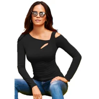 Black Asymmetric Neck Fitted Top Women Elegant Slim Fit Soft Stretch Fabric Casual Evening Wear Long Sleeve — view 3