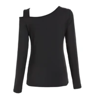 Black Asymmetric Neck Fitted Top Women Elegant Slim Fit Soft Stretch Fabric Casual Evening Wear Long Sleeve — view 6