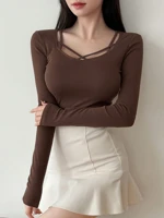 Brown Solid Square Neck Top Elegant Minimalist Design Slim Fit Women's Casual Office Wear Cotton Blend Fabric Professional Business Attire — view 1