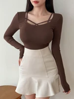 Brown Solid Square Neck Top Elegant Minimalist Design Slim Fit Women's Casual Office Wear Cotton Blend Fabric Professional Business Attire — view 2