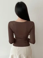 Brown Solid Square Neck Top Elegant Minimalist Design Slim Fit Women's Casual Office Wear Cotton Blend Fabric Professional Business Attire — view 3
