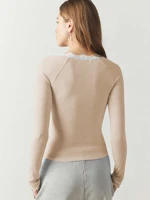 Grey Solid V Neck Lace Top Elegant Slim Fit Women's Blouse Casual Party Office Wear Long Sleeve Button Front Professional Chic Style — view 6