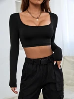 Black Full Sleeve Fitted Crop Top Stylish Slim Fit Solid Long Sleeve Blouse for Casual Party Evening Wear Women — view 1