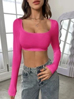Black Full Sleeve Fitted Crop Top Stylish Slim Fit Solid Long Sleeve Blouse for Casual Party Evening Wear Women — view 5