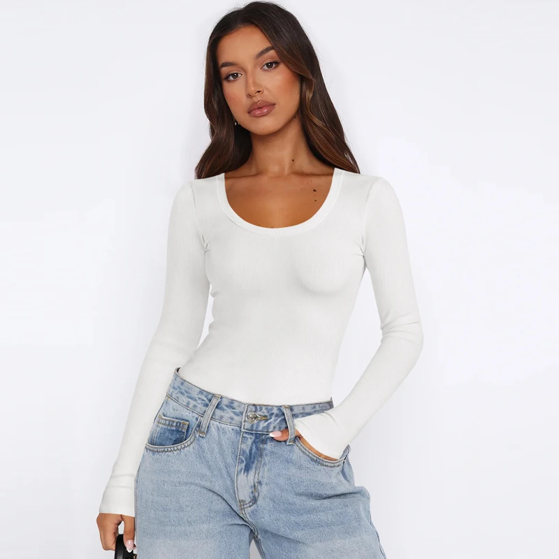 Dark Grey Ribbed U-Neck Top Slim Fit Long Sleeve Knit Blouse for Casual Office Evening Wear Women's Fashion — view 1