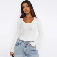 Dark Grey Ribbed U-Neck Top Slim Fit Long Sleeve Knit Blouse for Casual Office Evening Wear Women's Fashion — view 1