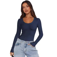 Dark Grey Ribbed U-Neck Top Slim Fit Long Sleeve Knit Blouse for Casual Office Evening Wear Women's Fashion — view 4