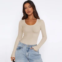 Dark Grey Ribbed U-Neck Top Slim Fit Long Sleeve Knit Blouse for Casual Office Evening Wear Women's Fashion — view 5