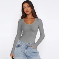Dark Grey Ribbed U-Neck Top Slim Fit Long Sleeve Knit Blouse for Casual Office Evening Wear Women's Fashion — view 6