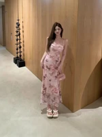 Elegant Light Pink Floral Cowl Neck Maxi Slip Dress for Women with Adjustable Spaghetti Straps Flowing Silhouette Perfect for Weddings Parties — view 3