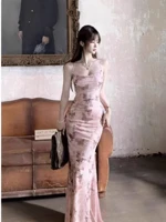 Elegant Light Pink Floral Cowl Neck Maxi Slip Dress for Women with Adjustable Spaghetti Straps Flowing Silhouette Perfect for Weddings Parties — view 5