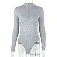 Grey Fitted High Neck Bodysuit Slim Fit Long Sleeve One-Piece for Casual Party Layered Wear Women Stretchy Comfortable — view 6
