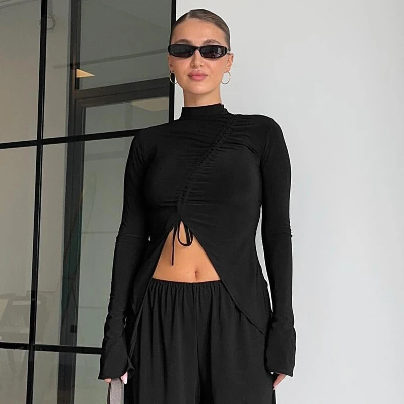 Black Ruched Mock Neck Top Slim Fit Long Sleeve Gathered Blouse for Casual Office Evening Wear Women — view 1