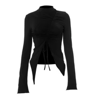Black Ruched Mock Neck Top Slim Fit Long Sleeve Gathered Blouse for Casual Office Evening Wear Women — view 5