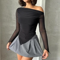 Black Asymmetric Neck Top Slim Fit Long Sleeve One Shoulder Style Blouse for Party Evening Wear Women Fashion — view 1