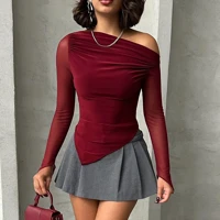 Black Asymmetric Neck Top Slim Fit Long Sleeve One Shoulder Style Blouse for Party Evening Wear Women Fashion — view 3