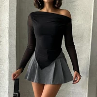 Black Asymmetric Neck Top Slim Fit Long Sleeve One Shoulder Style Blouse for Party Evening Wear Women Fashion — view 4