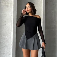 Black Asymmetric Neck Top Slim Fit Long Sleeve One Shoulder Style Blouse for Party Evening Wear Women Fashion — view 6